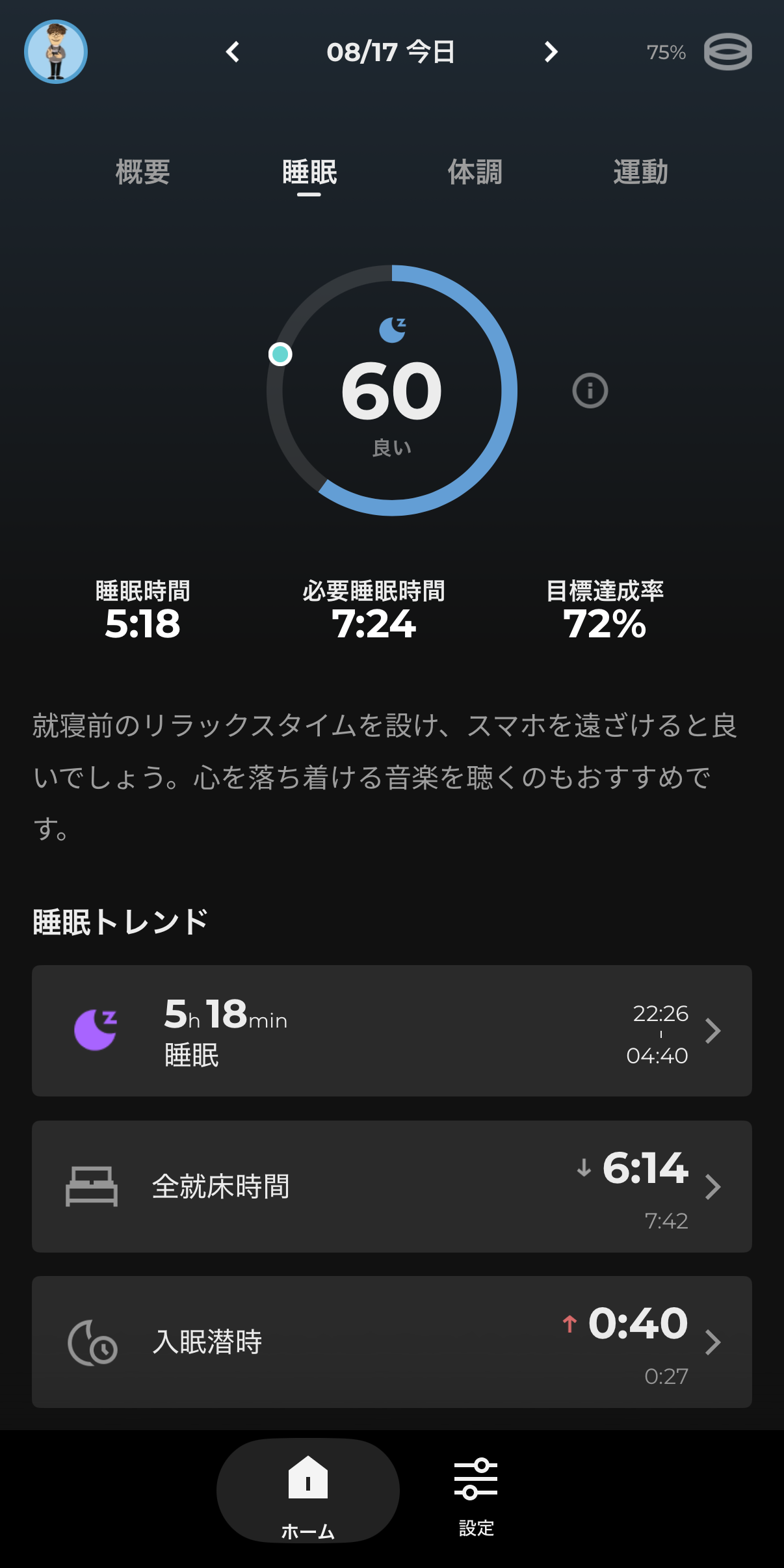 SOXAIアプリの睡眠スコア画面